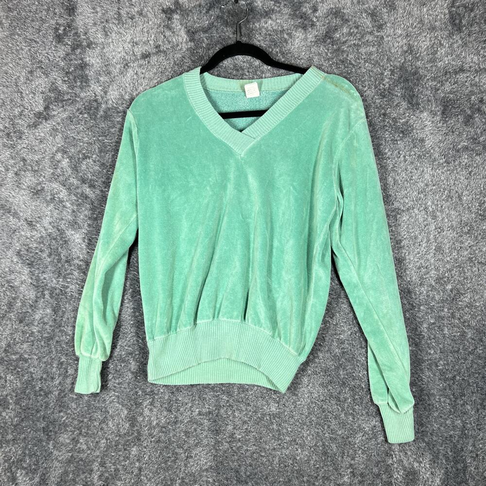 Sweater Womens Large Green Velour V-Neck Pullover Lightweight Stretch Casual